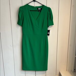 DKNY Green V-Neck Midi Sheath Dress with Puff Sleeves